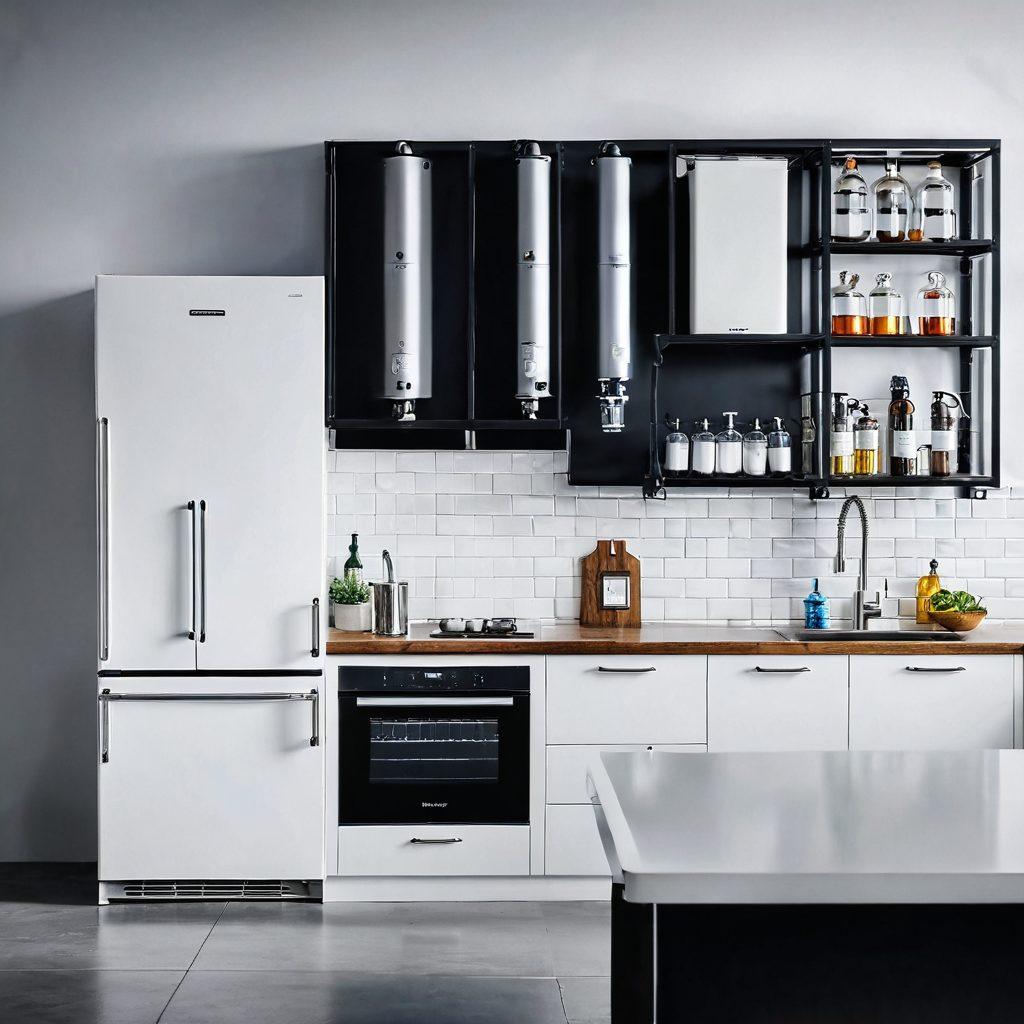 A detailed montage showcasing various filter systems used in homes and industries, featuring a sleek home kitchen with water filtration systems, industrial air purifiers in a factory setting, and vibrant illustrations of filtration technology. Include clear visuals of filters in action, emphasizing their efficiency and importance. The color scheme should be clean and fresh, highlighting the contrast between home and industrial environments. super-realistic. vibrant colors. white background.