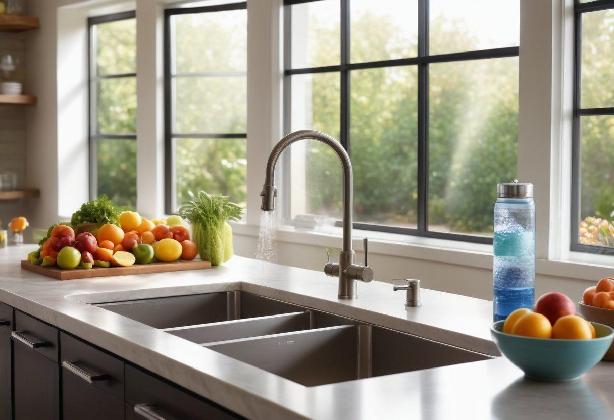 A bright, inviting kitchen scene showcasing a modern filtration system on the countertop, surrounded by fresh fruits and vegetables. In the background, a family enjoys clean drinking water from the tap. Sunlight streams through a window, illuminating a clean and tidy atmosphere that embodies health and wellness. Include subtle industrial elements, like filters and pipes, to represent both home and industry. super-realistic. vibrant colors. warm lighting.