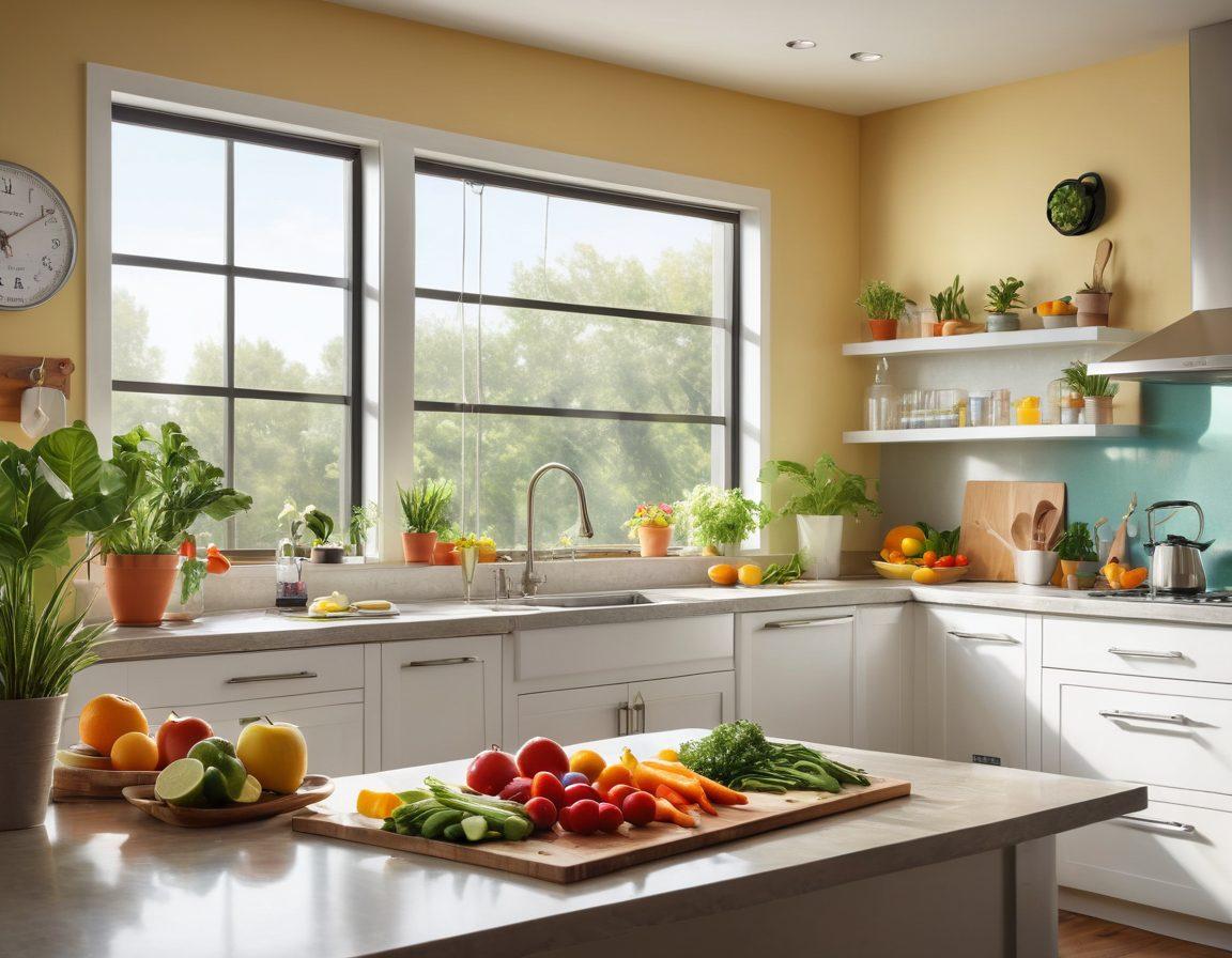 Illustrate a modern, clean kitchen with bright sunlight streaming through a large window, featuring various U.S. filtering products such as water filters and air purifiers prominently displayed. Include a healthy meal prep scene with fresh veggies and fruits scattered around, symbolizing health and efficiency. Add subtle elements like a fitness tracker and vibrant houseplants to enhance the atmosphere of well-being. super-realistic. vibrant colors. bright background.
